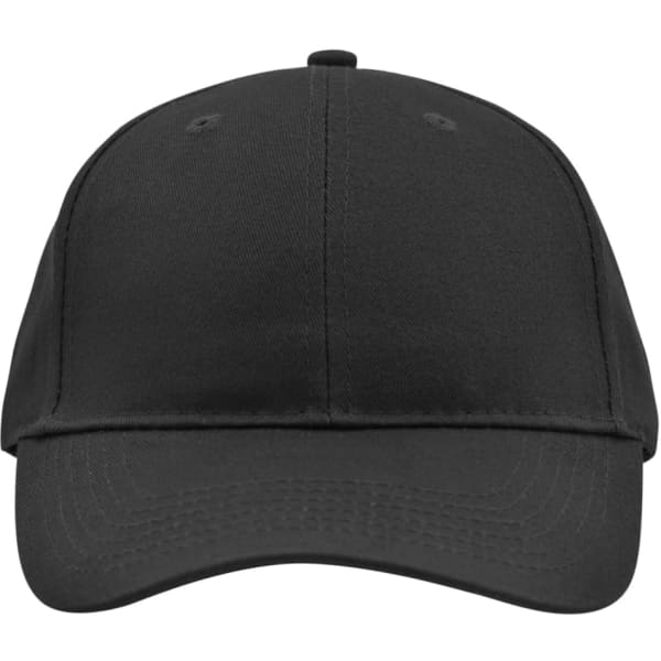 A black brushed 6 panel cap featuring a curved brim and a logo on the front.