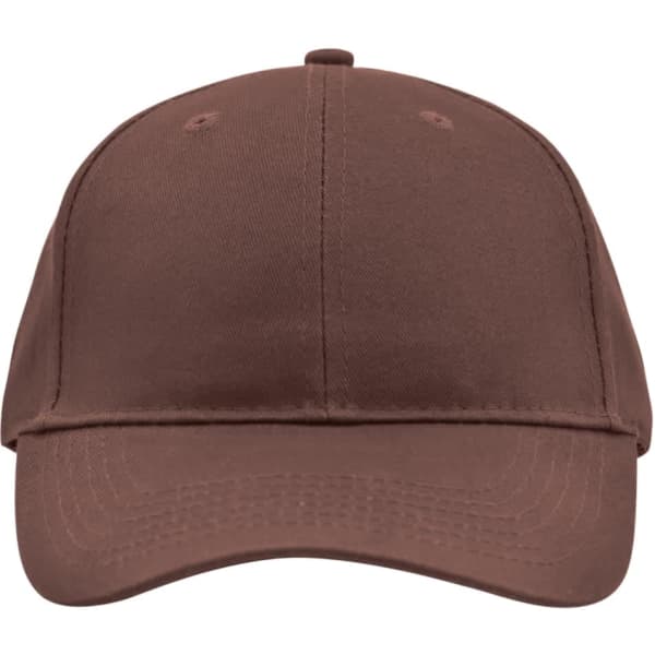 A brown brushed 6 panel cap with a rounded crown and a curved brim, featuring a logo on the front.