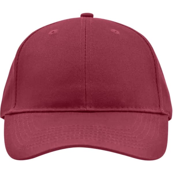 A burgundy brushed 6 panel cap with a front logo and a curved brim. Perfect for headwear collection.