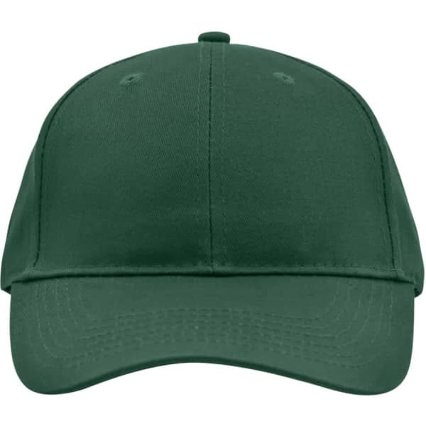 A green brushed 6 panel cap with a curved brim and a logo on the front. Ideal for casual wear.