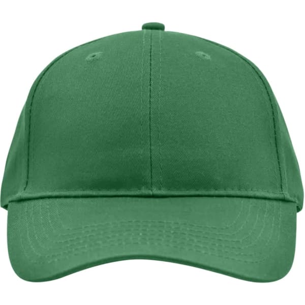 A green brushed six panel cap with a curved brim and an adjustable strap. It features a logo on the front.