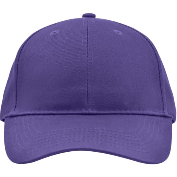 A purple brushed 6 panel cap with a structured design and a logo on the front.
