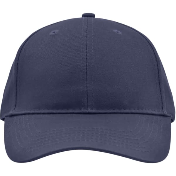 A navy blue brushed six-panel cap featuring a logo on the front.