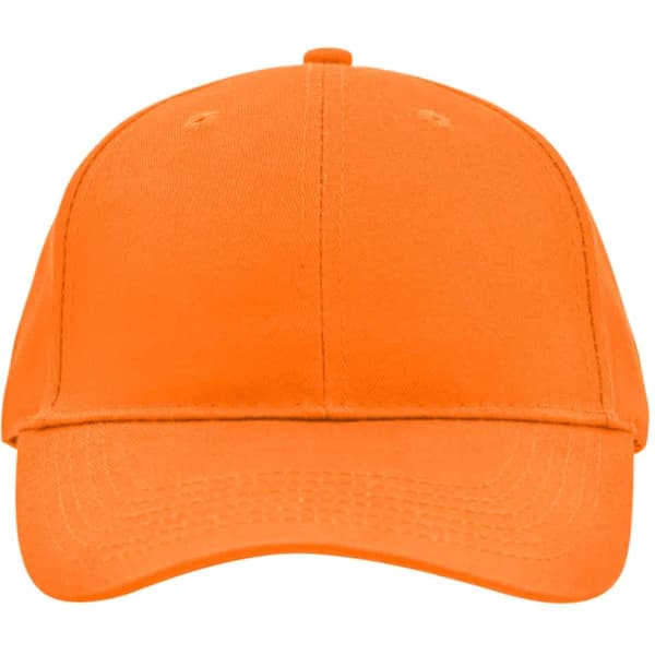An orange brushed 6 panel cap with a curved brim and a logo on the front.