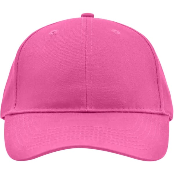 A pink brushed 6 panel cap featuring a curved brim and a logo on the front.