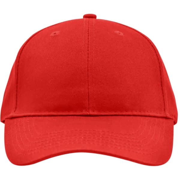 A red brushed 6 panel cap featuring a curved brim and a logo on the front.