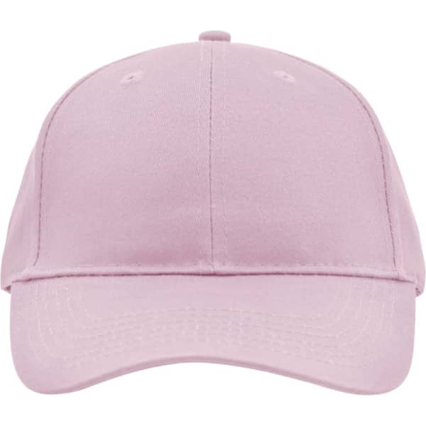 A pink brushed 6 panel cap featuring a curved brim and a logo on the front.