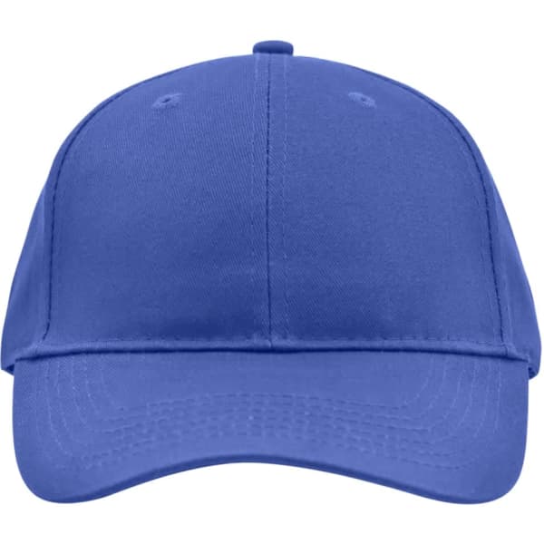 A blue brushed 6 panel cap with a curved brim and a logo on the front.