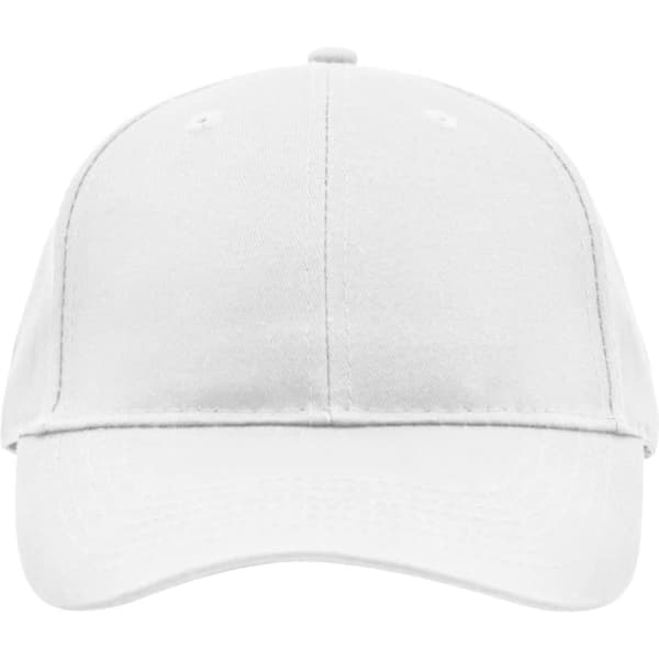 A white brushed six-panel cap with a curved brim and an adjustable strap at the back, featuring a logo.