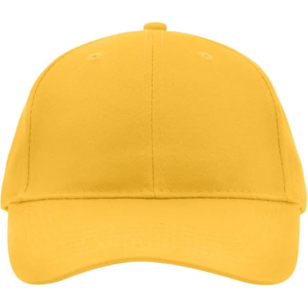 A yellow brushed 6 panel cap featuring a structured design and a logo on the front.