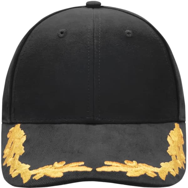 A black 6 panel cap featuring gold embroidery along the front. It has a logo on the side.