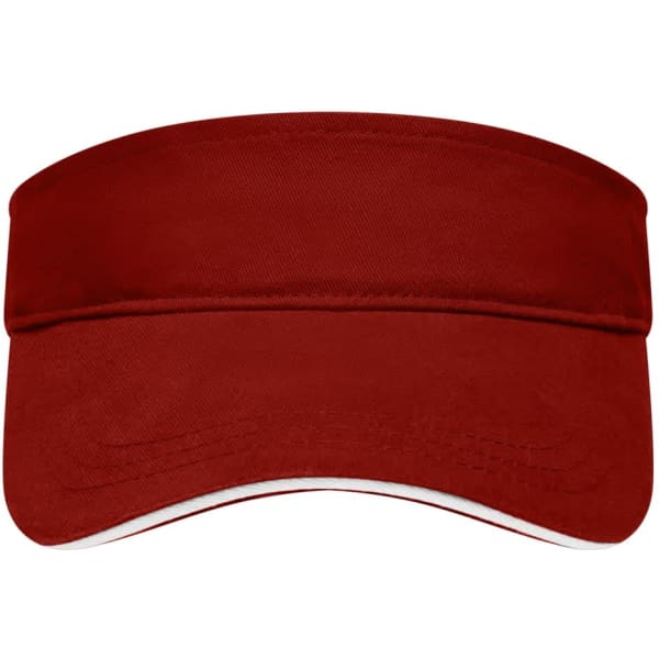 A red sun visor with a wide brim and a white underside, featuring a logo on the front.