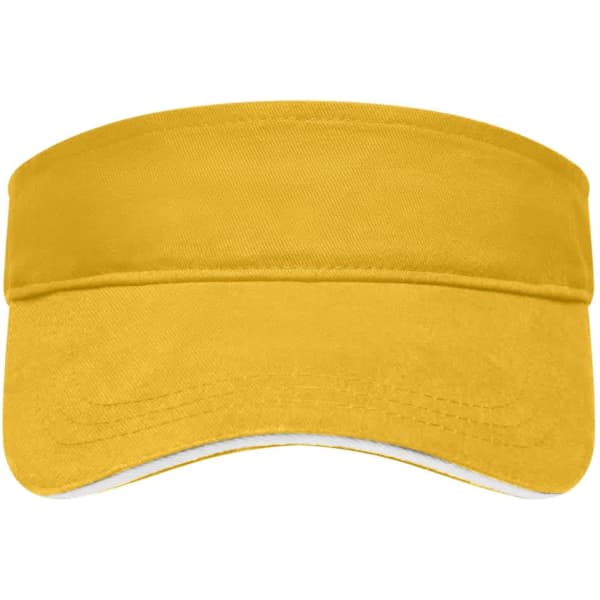 A yellow sun visor with a wide band and a curved brim. It features a logo on the side.