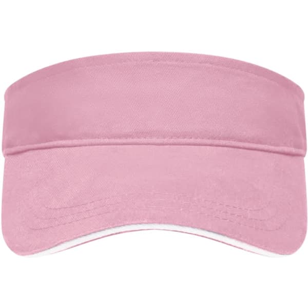 A pink sunvisor with a curved brim and a solid band, featuring a logo on the front.