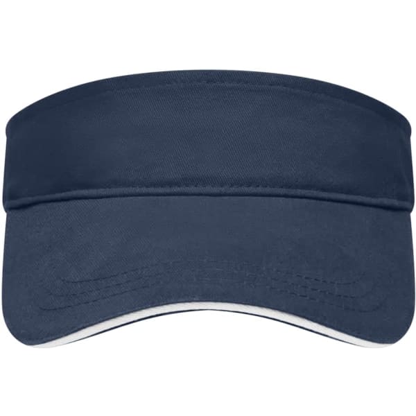A navy sun visor with a curved brim, featuring a branding logo on the front.
