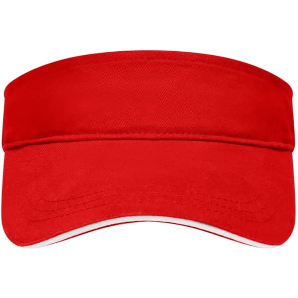 A red sandwich sunvisor with a wide brim and a white underside, featuring a logo on the side.