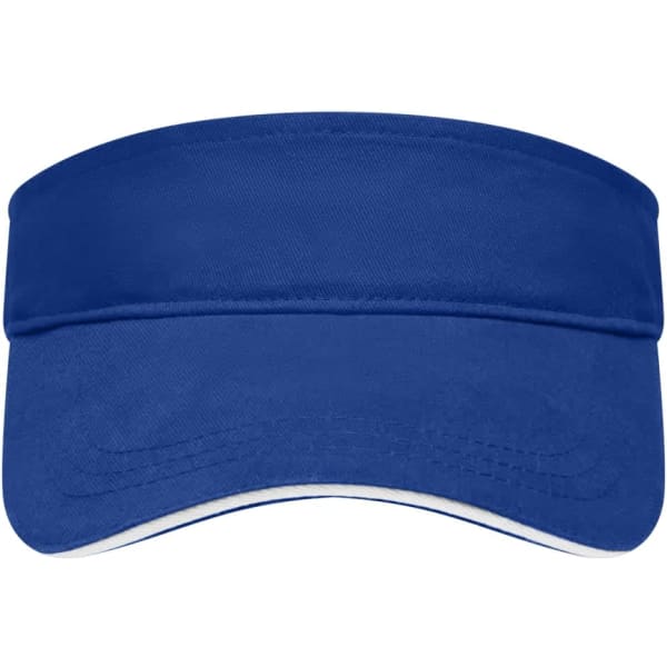 A blue visor hat with a wide, curved brim and a stitched band, featuring a logo on the front.
