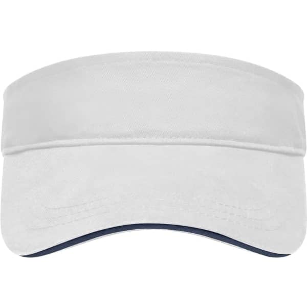 A white sandwich sunvisor featuring a curved brim, with a darker underside. The product has a simple design and a logo.
