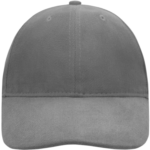 A grey six-panel cap with a soft lining and a curved brim, featuring a logo on the front.