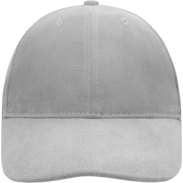 A six-panel raver cap in grey with a soft lining and a smooth front. It features a logo on the front.