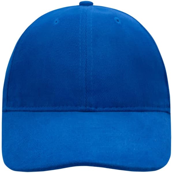 A blue 6-panel cap with a soft lining and a curved brim, featuring a logo on the front.