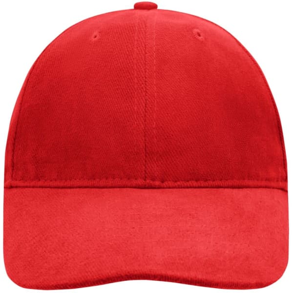 A red 6-panel cap with a soft lining and a curved brim, featuring a logo.