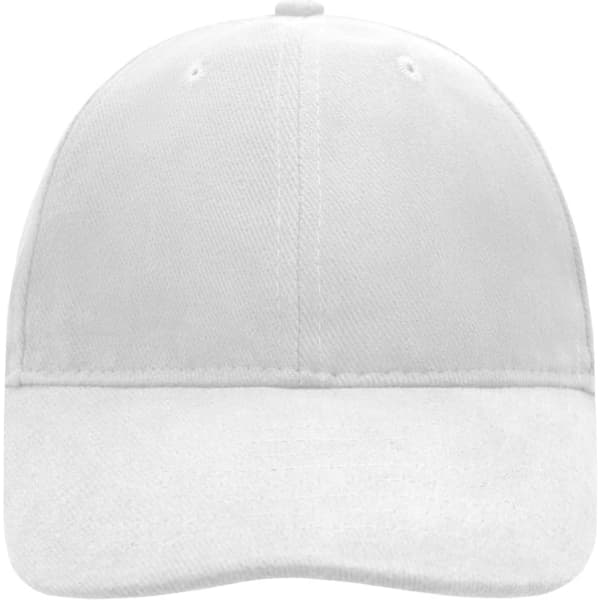 A white six-panel cap with a soft lining and a curved peak, featuring a logo on the front.