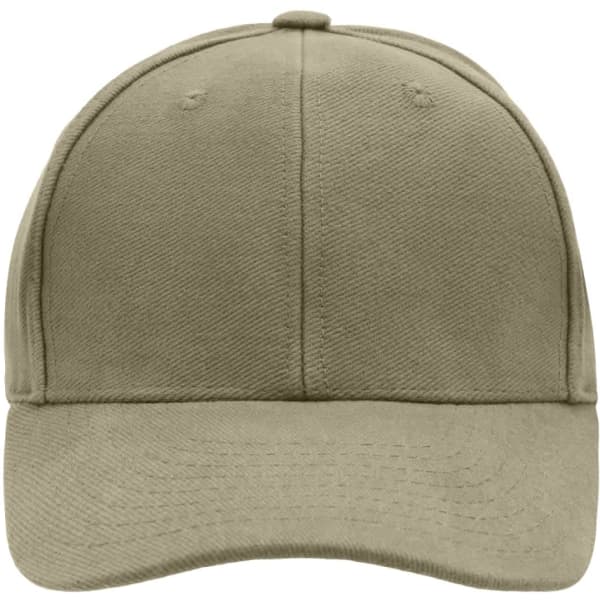 A khaki 6-panel cap with a smooth fabric texture and a curved brim, featuring a logo on the front.