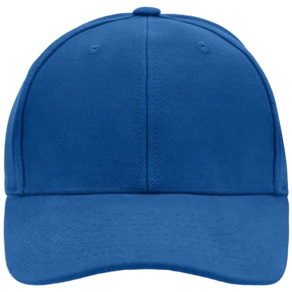 A blue 6-panel cap featuring a smooth, laminated finish and a front panel for branding.