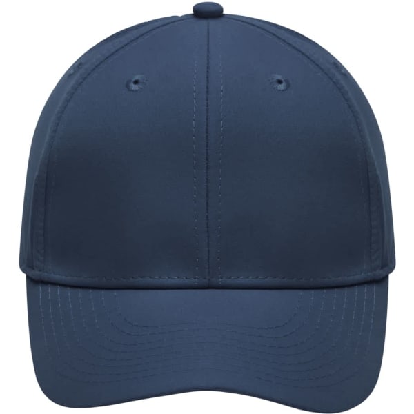 A navy blue 6 Panel Polyester Peach Cap with a structured design and a logo on the front.