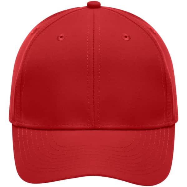 A red 6-panel polyester peach cap featuring a curved brim and a logo on the front.
