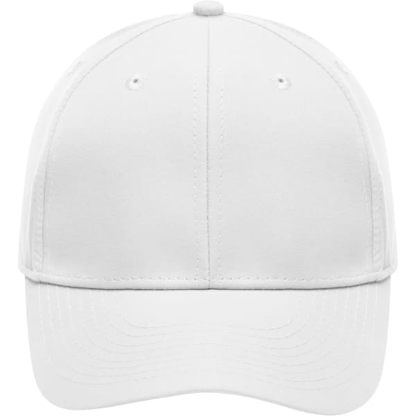 A white six-panel polyester cap featuring a logo on the front and stitched detailing.