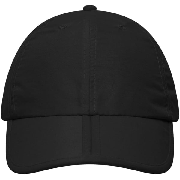 A black cap with a structured front and a curved brim, featuring a logo on the front.
