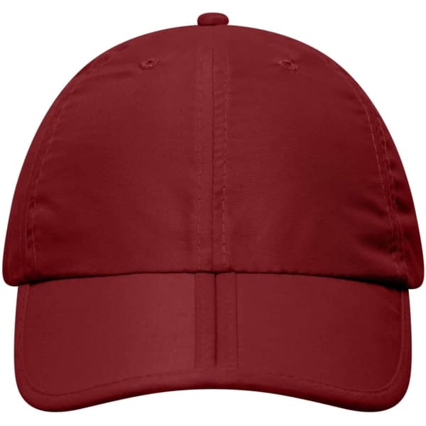 A burgundy cap with a structured crown and a curved brim, featuring a logo on the front.