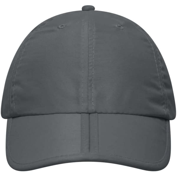 A grey six-panel cap with a curved brim and a logo on the front.