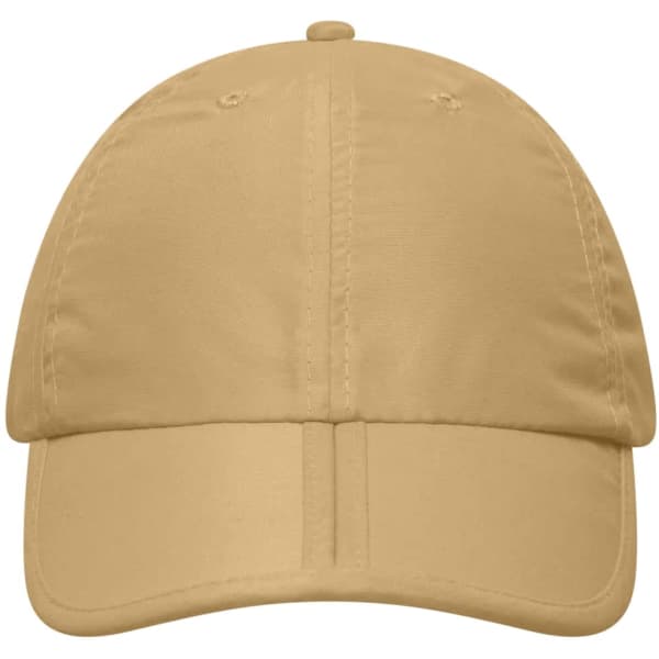 A beige six-panel cap with a curved brim and a top button, featuring a logo on the front.