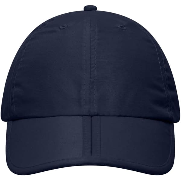 A navy blue six-panel cap with a structured front and a curved brim. It features a logo on the side.