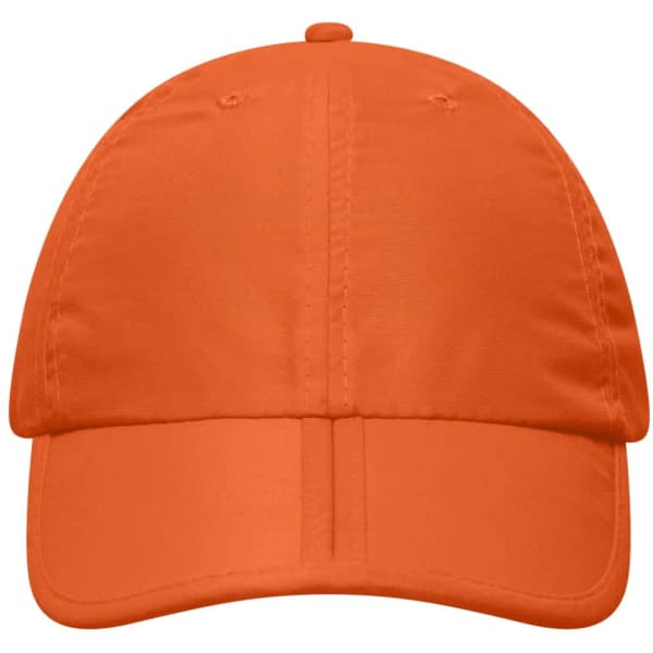 An orange cap with a structured front, featuring a logo and a curved brim. Suitable for casual wear.