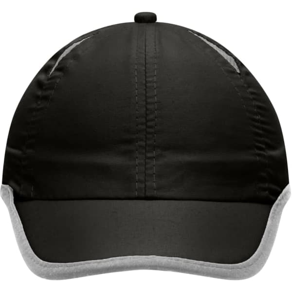 A black sports cap with a micro-edge design and a contrasting grey underside. Includes a logo on the front.