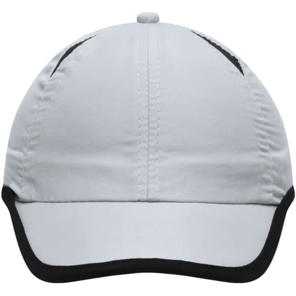 A light grey 6-panel cap with a black brim and accents, featuring a logo on the front.