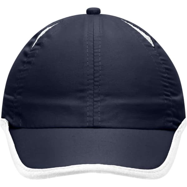 A navy blue 6 Panel Micro-Edge Sports Cap with a white trim and a logo on the front.