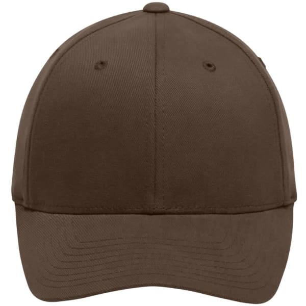 A brown Flexfit cap featuring a structured design and a logo on the front.