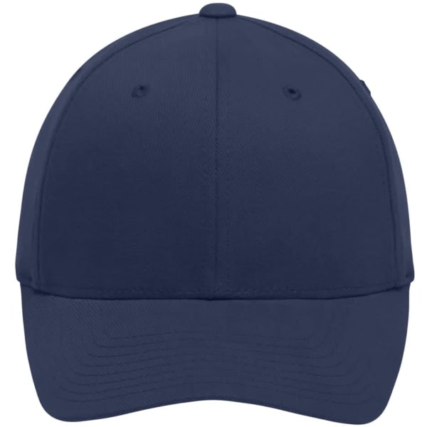 A navy blue Flexfit cap featuring a curved brim and a fitted design. It includes a logo on the front.