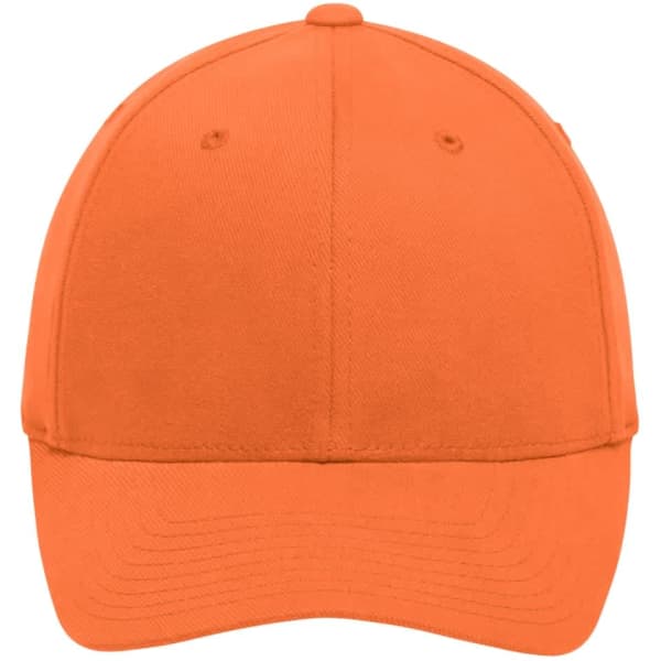 An orange Original Flexfit cap featuring a curved brim and a structured front. It has a logo on the front.