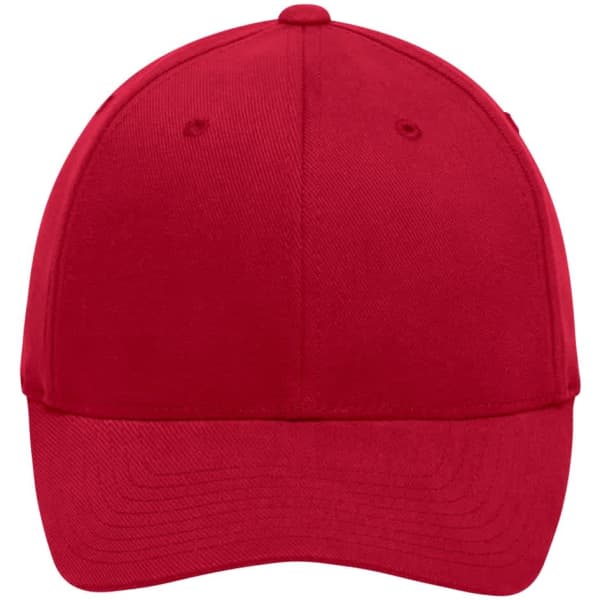 A red Original Flexfit cap with a closed front and a logo on the side.