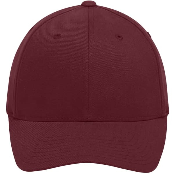 A maroon Original Flexfit cap featuring a rounded crown and a curved brim, with a logo on the side.