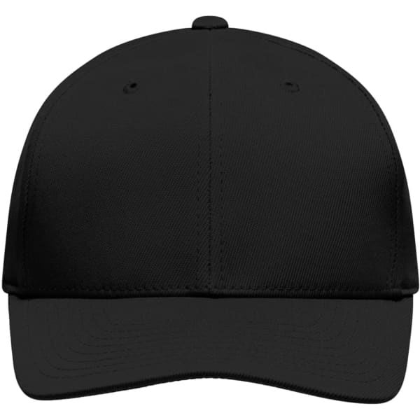 A black High Performance Flexfit cap with a structured front and air vents on the top. It features a logo.