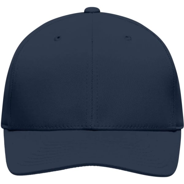 A navy blue high-performance Flexfit cap with ventilation holes and a structured design, featuring a logo.