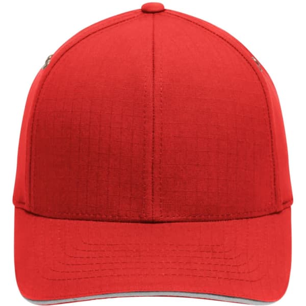 A red Flexfit ripstop sandwich cap featuring a structured design and a logo on the front.