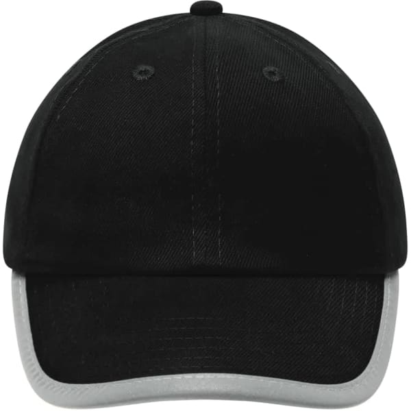 A black cap with a grey brim and an adjustable back, featuring a logo on the front.